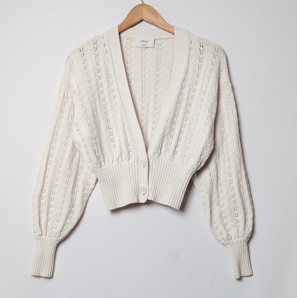 WILFRED Pointelle Plunge Front Cardigan Wool Crochet Oak White XS Aritzia - Picture 6 of 11